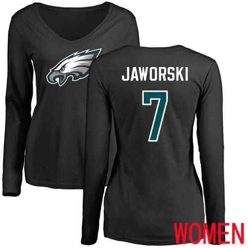 Women Philadelphia Eagles #7 Ron Jaworski Black Name and Number Logo Slim Fit Long Sleeve NFL T Shirt.